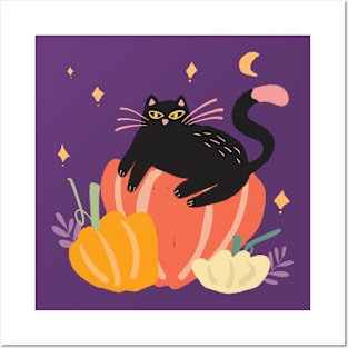 Cute Halloween Pumpkin Cat Posters and Art